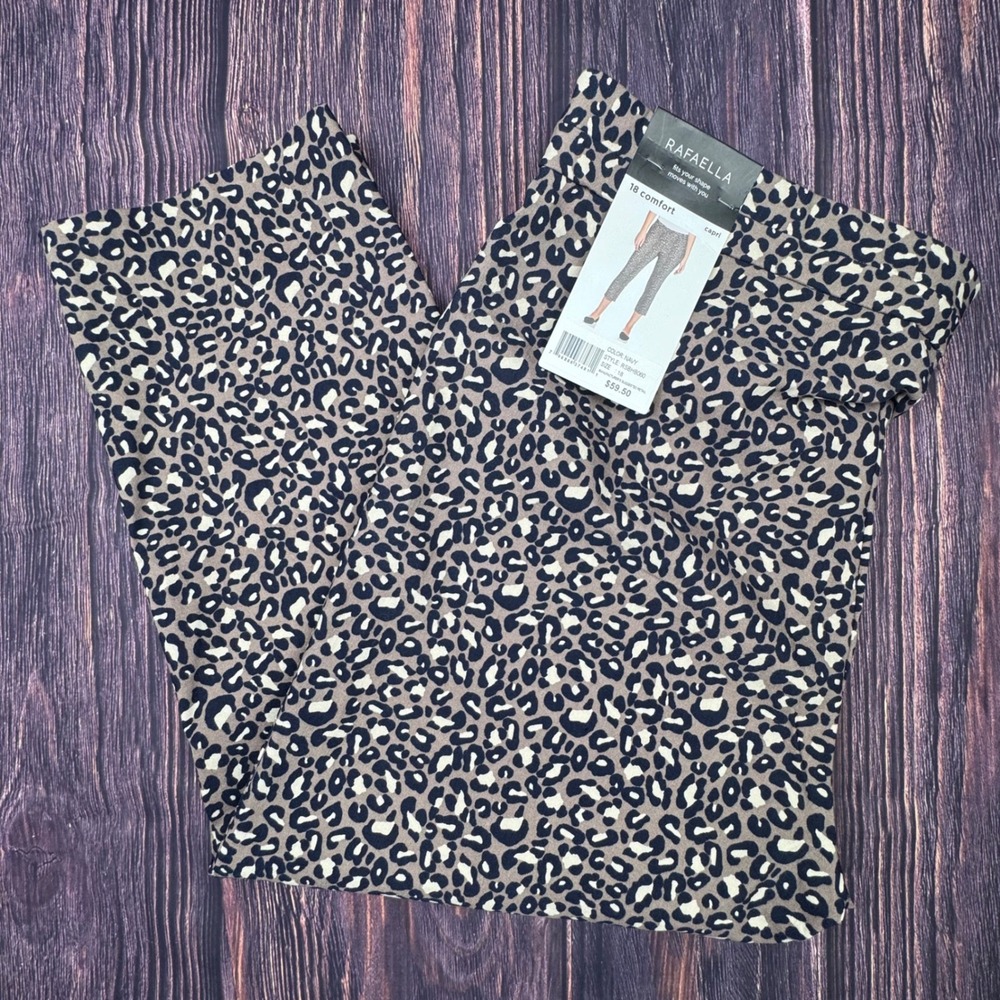 Rafaella Capri Pants 18 Leopard Print Navy Animal Print Comfort Stretch Trousers